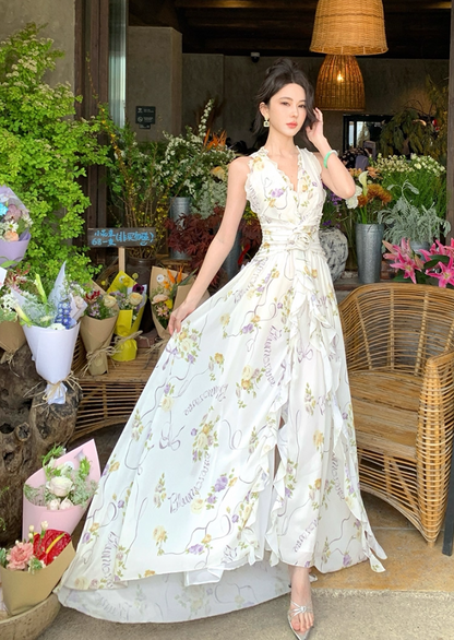 Trendy A-Line Halter Neck Maxi Dress Backless Floral Print Flattering Ruffles High-Slit Long Dress AP3390