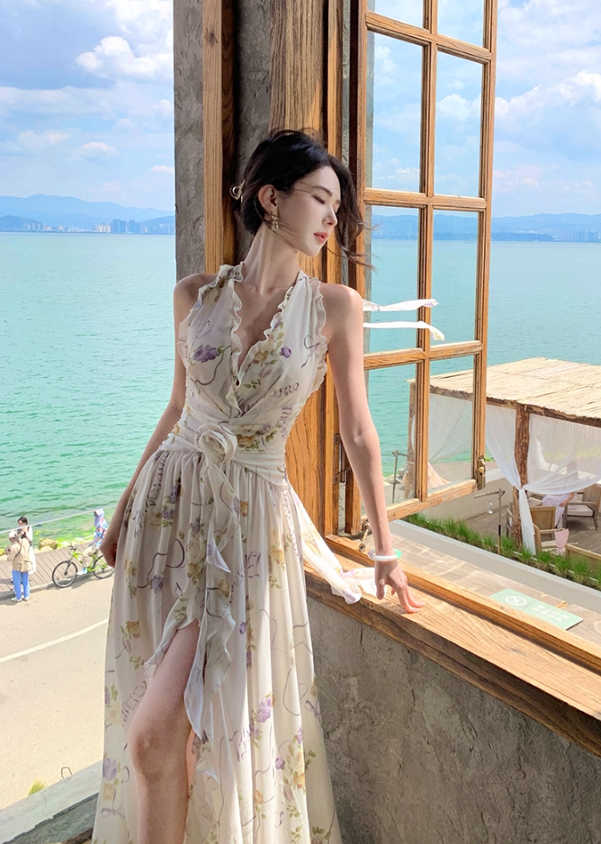 Trendy A-Line Halter Neck Maxi Dress Backless Floral Print Flattering Ruffles High-Slit Long Dress AP3390