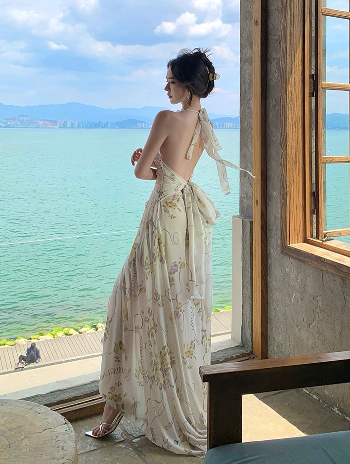 Trendy A-Line Halter Neck Maxi Dress Backless Floral Print Flattering Ruffles High-Slit Long Dress AP3390