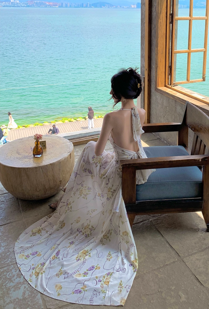 Trendy A-Line Halter Neck Maxi Dress Backless Floral Print Flattering Ruffles High-Slit Long Dress AP3390