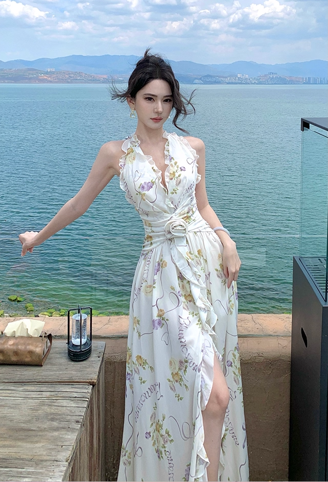 Trendy A-Line Halter Neck Maxi Dress Backless Floral Print Flattering Ruffles High-Slit Long Dress AP3390