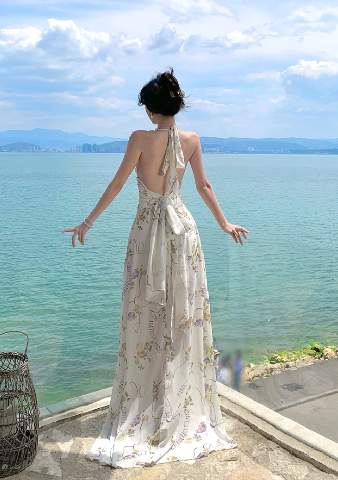 Trendy A-Line Halter Neck Maxi Dress Backless Floral Print Flattering Ruffles High-Slit Long Dress AP3390