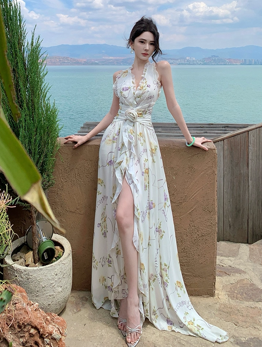 Trendy A-Line Halter Neck Maxi Dress Backless Floral Print Flattering Ruffles High-Slit Long Dress AP3390