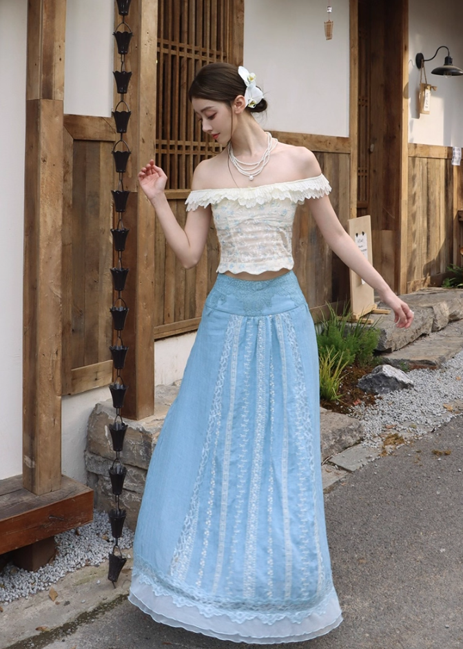 Flattering Off-Shoulder Two-Piece Set A-Line Maxi Dresses Vintage Lace Hem Floral Print Long Dress AP3391