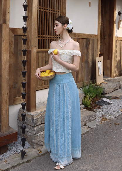 Flattering Off-Shoulder Two-Piece Set A-Line Maxi Dresses Vintage Lace Hem Floral Print Long Dress AP3391