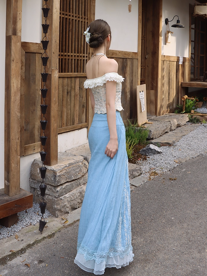 Flattering Off-Shoulder Two-Piece Set A-Line Maxi Dresses Vintage Lace Hem Floral Print Long Dress AP3391