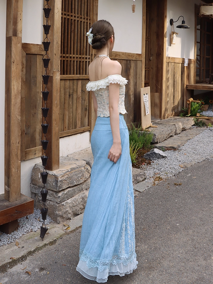 Flattering Off-Shoulder Two-Piece Set A-Line Maxi Dresses Vintage Lace Hem Floral Print Long Dress AP3391