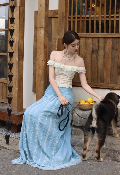 Flattering Off-Shoulder Two-Piece Set A-Line Maxi Dresses Vintage Lace Hem Floral Print Long Dress AP3391