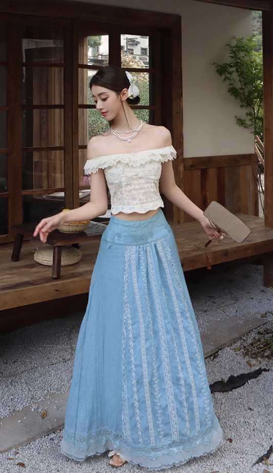 Flattering Off-Shoulder Two-Piece Set A-Line Maxi Dresses Vintage Lace Hem Floral Print Long Dress AP3391