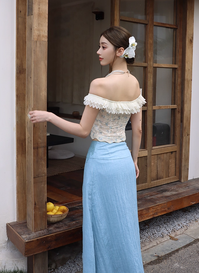 Flattering Off-Shoulder Two-Piece Set A-Line Maxi Dresses Vintage Lace Hem Floral Print Long Dress AP3391