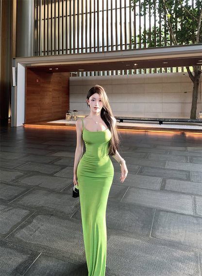 New Spaghetti Strap Sheath Maxi Dress Fitted Green Side Slit Tie-Back Long Dress AP3392