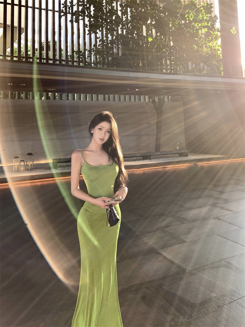 New Spaghetti Strap Sheath Maxi Dress Fitted Green Side Slit Tie-Back Long Dress AP3392