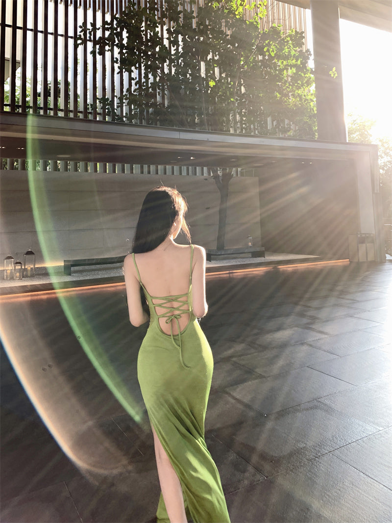 New Spaghetti Strap Sheath Maxi Dress Fitted Green Side Slit Tie-Back Long Dress AP3392