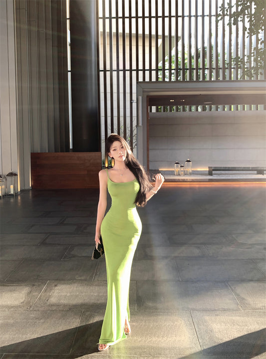New Spaghetti Strap Sheath Maxi Dress Fitted Green Side Slit Tie-Back Long Dress AP3392