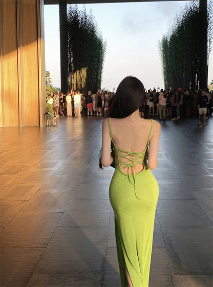 New Spaghetti Strap Sheath Maxi Dress Fitted Green Side Slit Tie-Back Long Dress AP3392