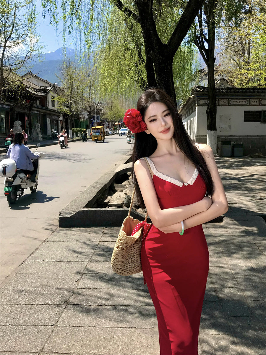 Playful Spaghetti Strap Sheath Red Maxi Dress Cute Vacation Outfit Hottie Ruffles Trimmed Long Dress AP3394