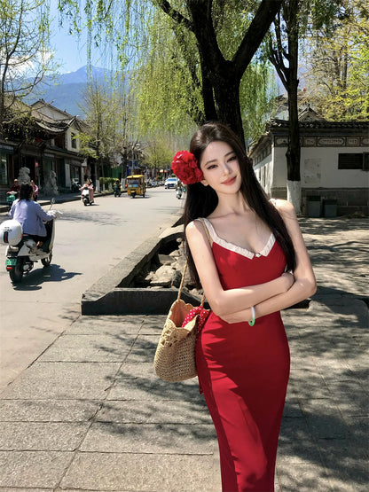 Playful Spaghetti Strap Sheath Red Maxi Dress Cute Vacation Outfit Hottie Ruffles Trimmed Long Dress AP3394