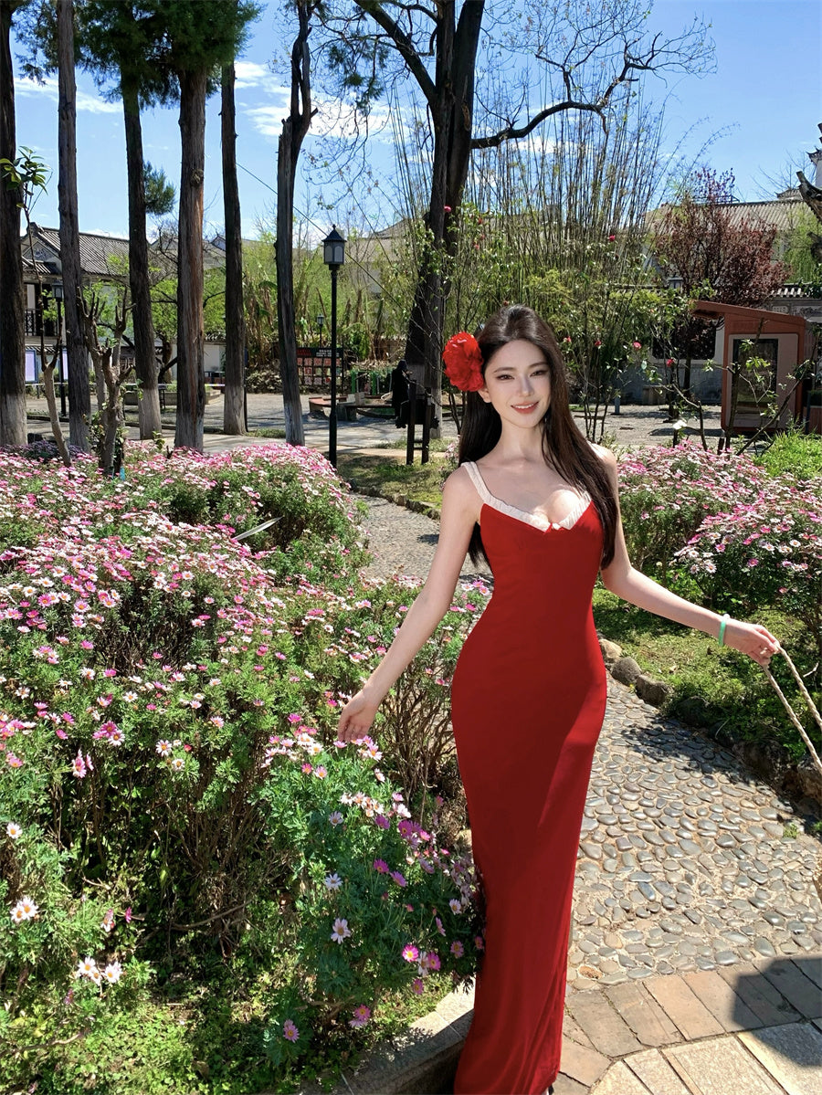Playful Spaghetti Strap Sheath Red Maxi Dress Cute Vacation Outfit Hottie Ruffles Trimmed Long Dress AP3394