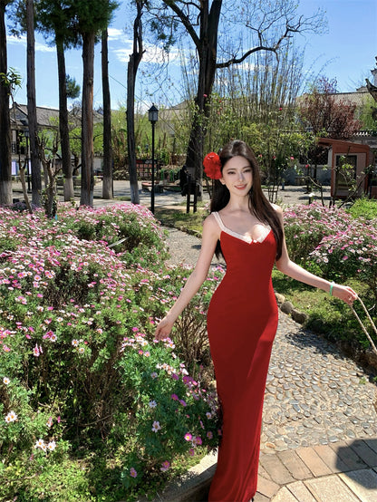 Playful Spaghetti Strap Sheath Red Maxi Dress Cute Vacation Outfit Hottie Ruffles Trimmed Long Dress AP3394