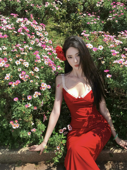 Playful Spaghetti Strap Sheath Red Maxi Dress Cute Vacation Outfit Hottie Ruffles Trimmed Long Dress AP3394