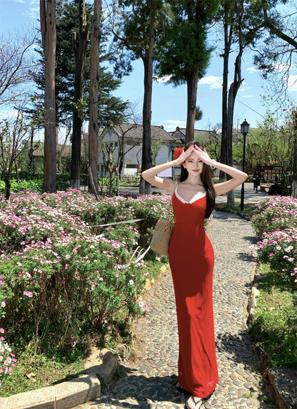 Playful Spaghetti Strap Sheath Red Maxi Dress Cute Vacation Outfit Hottie Ruffles Trimmed Long Dress AP3394