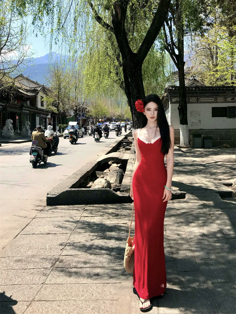 Playful Spaghetti Strap Sheath Red Maxi Dress Cute Vacation Outfit Hottie Ruffles Trimmed Long Dress AP3394