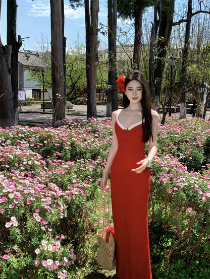 Playful Spaghetti Strap Sheath Red Maxi Dress Cute Vacation Outfit Hottie Ruffles Trimmed Long Dress AP3394