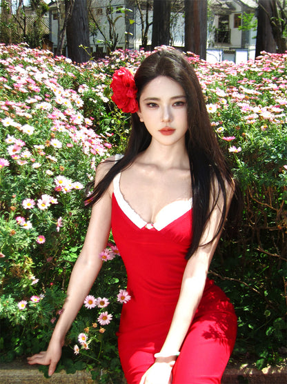 Playful Spaghetti Strap Sheath Red Maxi Dress Cute Vacation Outfit Hottie Ruffles Trimmed Long Dress AP3394