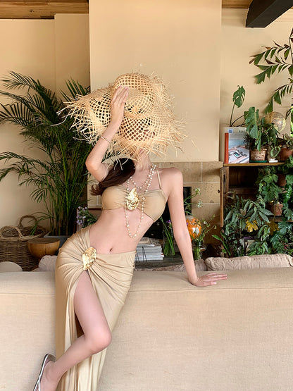 Sexy 2-Piece Set A-Line Halter Neck Maxi Dress Playful High Slit Ruched Seaside Outfit Long Dress AP3395