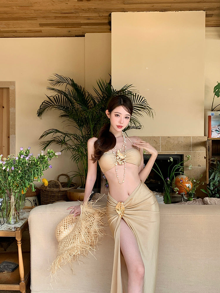 Sexy 2-Piece Set A-Line Halter Neck Maxi Dress Playful High Slit Ruched Seaside Outfit Long Dress AP3395