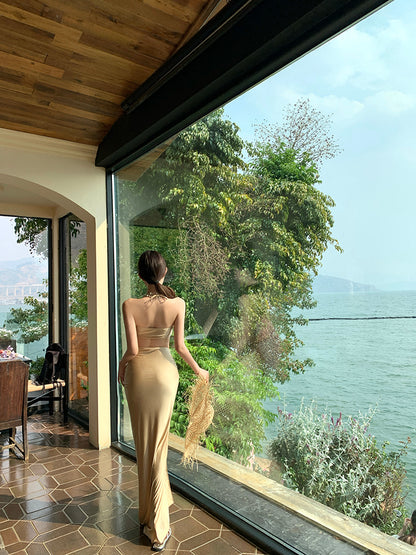 Sexy 2-Piece Set A-Line Halter Neck Maxi Dress Playful High Slit Ruched Seaside Outfit Long Dress AP3395