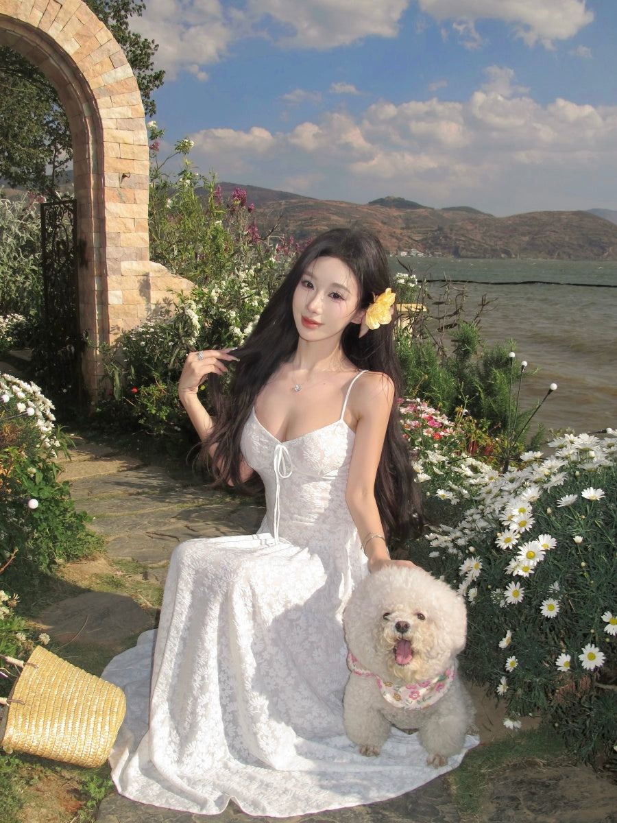 Flowy Spaghetti Strap White A-Line Maxi Dress Enticing Lace Jacquard Long Dress AP3396