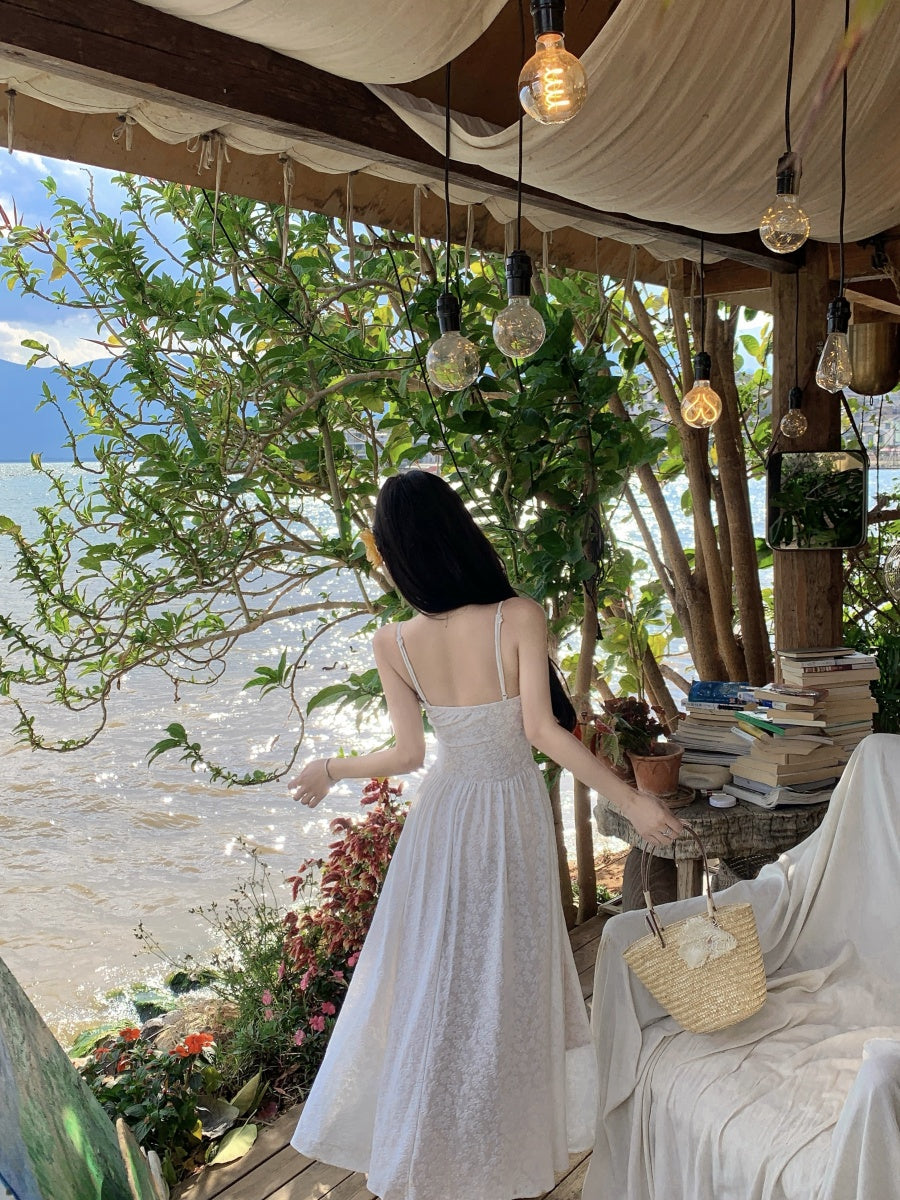 Flowy Spaghetti Strap White A-Line Maxi Dress Enticing Lace Jacquard Long Dress AP3396