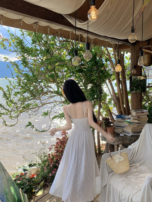 Flowy Spaghetti Strap White A-Line Maxi Dress Enticing Lace Jacquard Long Dress AP3396