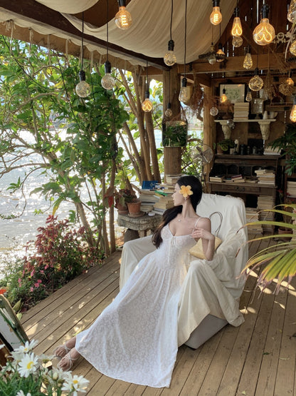 Flowy Spaghetti Strap White A-Line Maxi Dress Enticing Lace Jacquard Long Dress AP3396