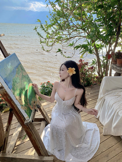 Flowy Spaghetti Strap White A-Line Maxi Dress Enticing Lace Jacquard Long Dress AP3396