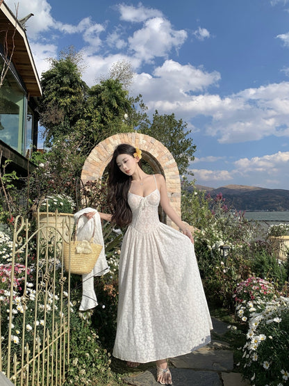 Flowy Spaghetti Strap White A-Line Maxi Dress Enticing Lace Jacquard Long Dress AP3396