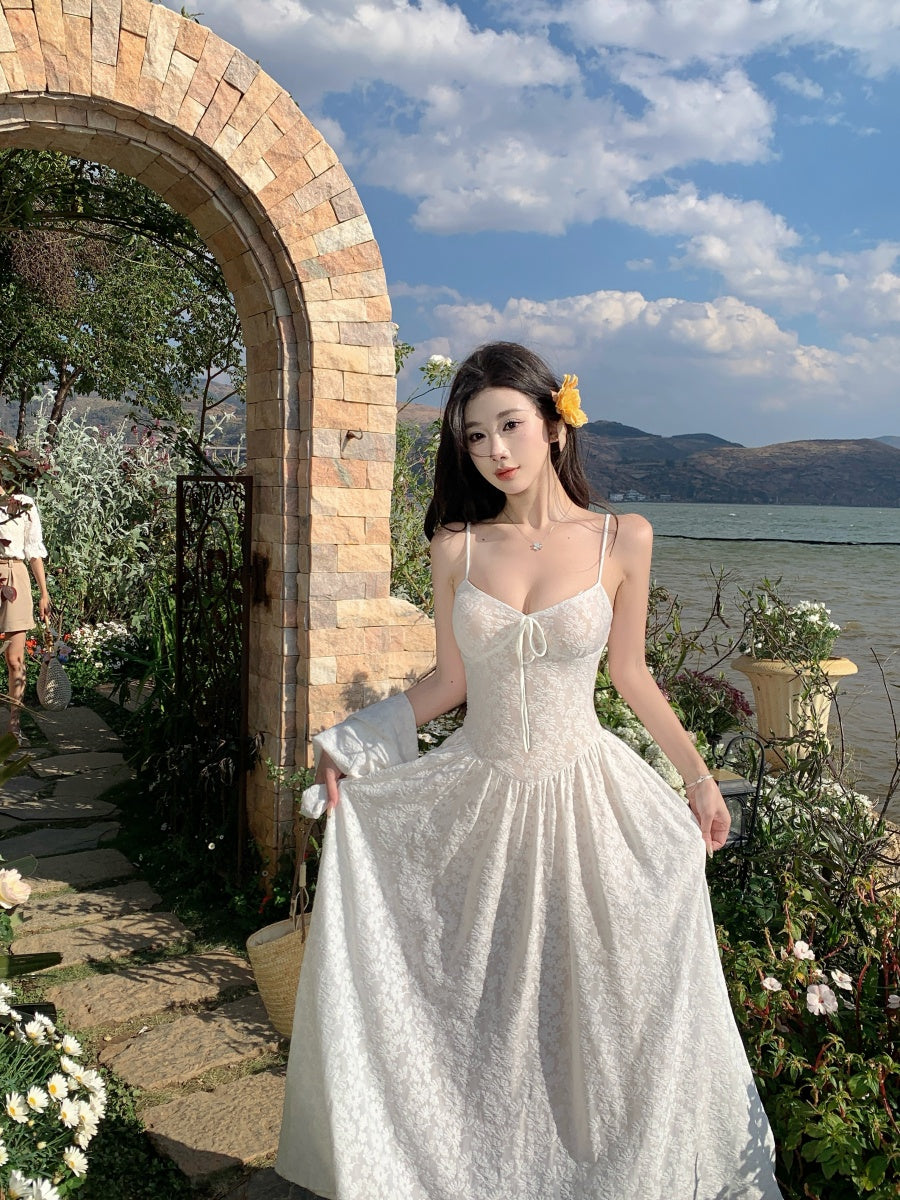 Flowy Spaghetti Strap White A-Line Maxi Dress Enticing Lace Jacquard Long Dress AP3396