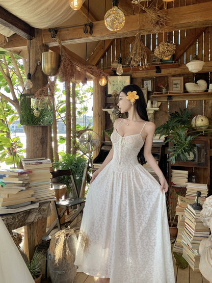 Flowy Spaghetti Strap White A-Line Maxi Dress Enticing Lace Jacquard Long Dress AP3396