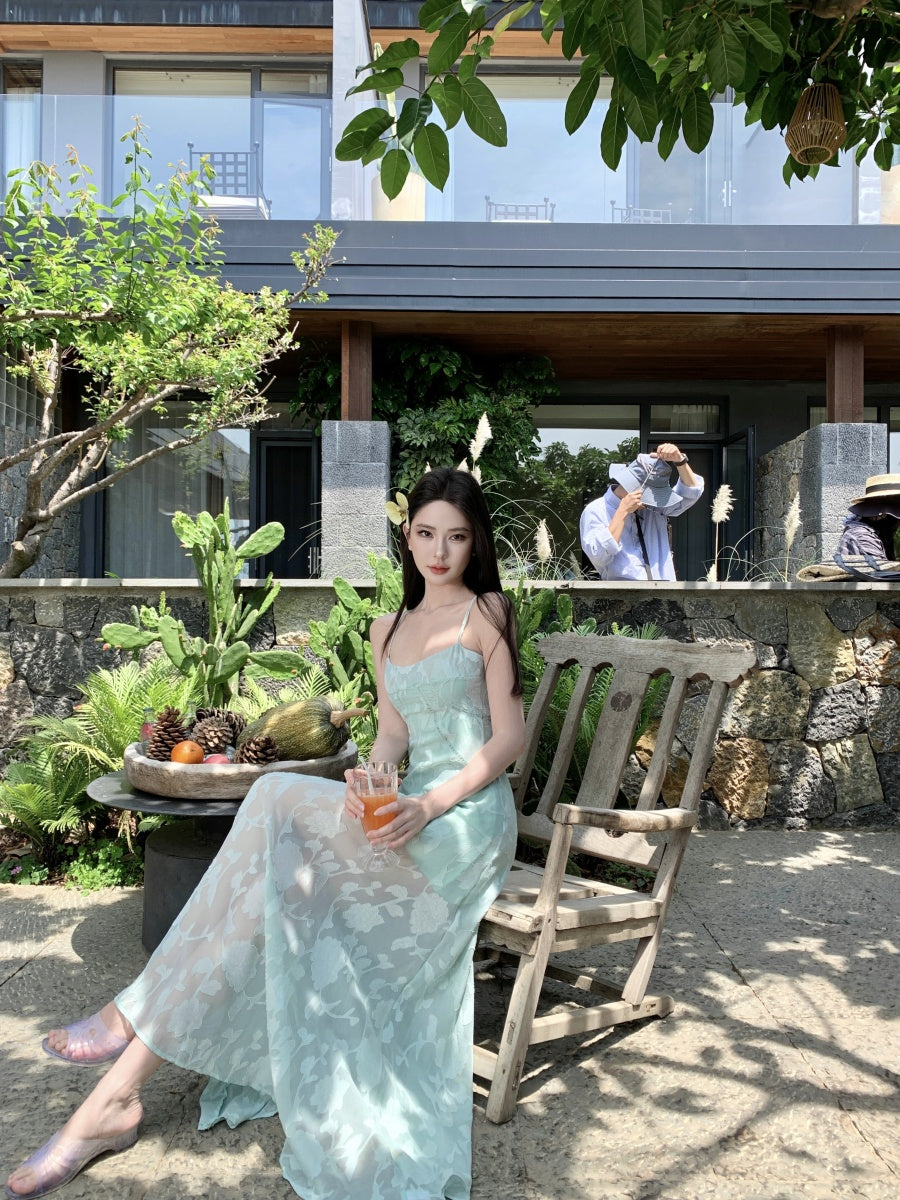 Splendid Spaghetti Strap A-Line Maxi Dress With Lining Enticing Jacquard Cinched-Waist Long Dress AP3397