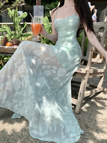 Splendid Spaghetti Strap A-Line Maxi Dress With Lining Enticing Jacquard Cinched-Waist Long Dress AP3397