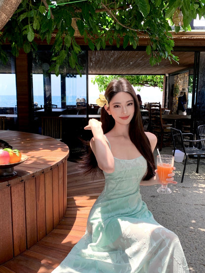 Splendid Spaghetti Strap A-Line Maxi Dress With Lining Enticing Jacquard Cinched-Waist Long Dress AP3397