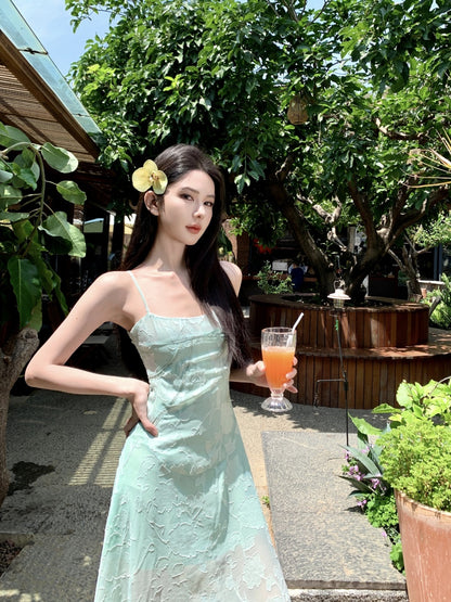 Splendid Spaghetti Strap A-Line Maxi Dress With Lining Enticing Jacquard Cinched-Waist Long Dress AP3397