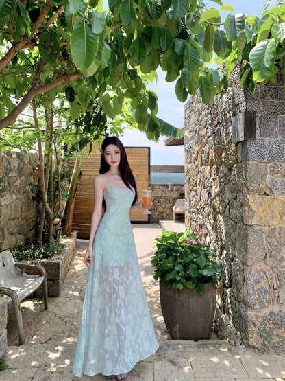 Splendid Spaghetti Strap A-Line Maxi Dress With Lining Enticing Jacquard Cinched-Waist Long Dress AP3397