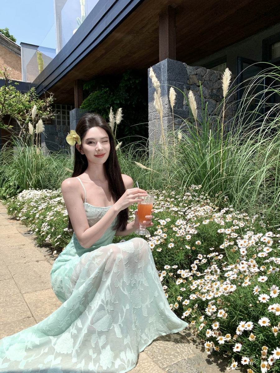 Splendid Spaghetti Strap A-Line Maxi Dress With Lining Enticing Jacquard Cinched-Waist Long Dress AP3397