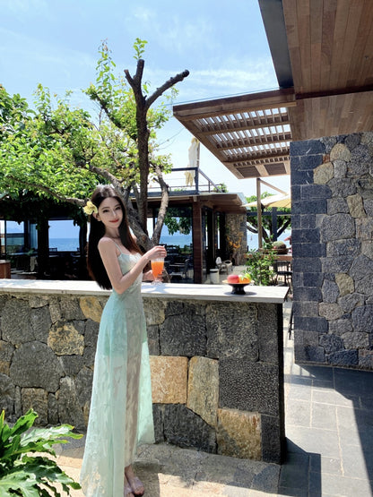 Splendid Spaghetti Strap A-Line Maxi Dress With Lining Enticing Jacquard Cinched-Waist Long Dress AP3397