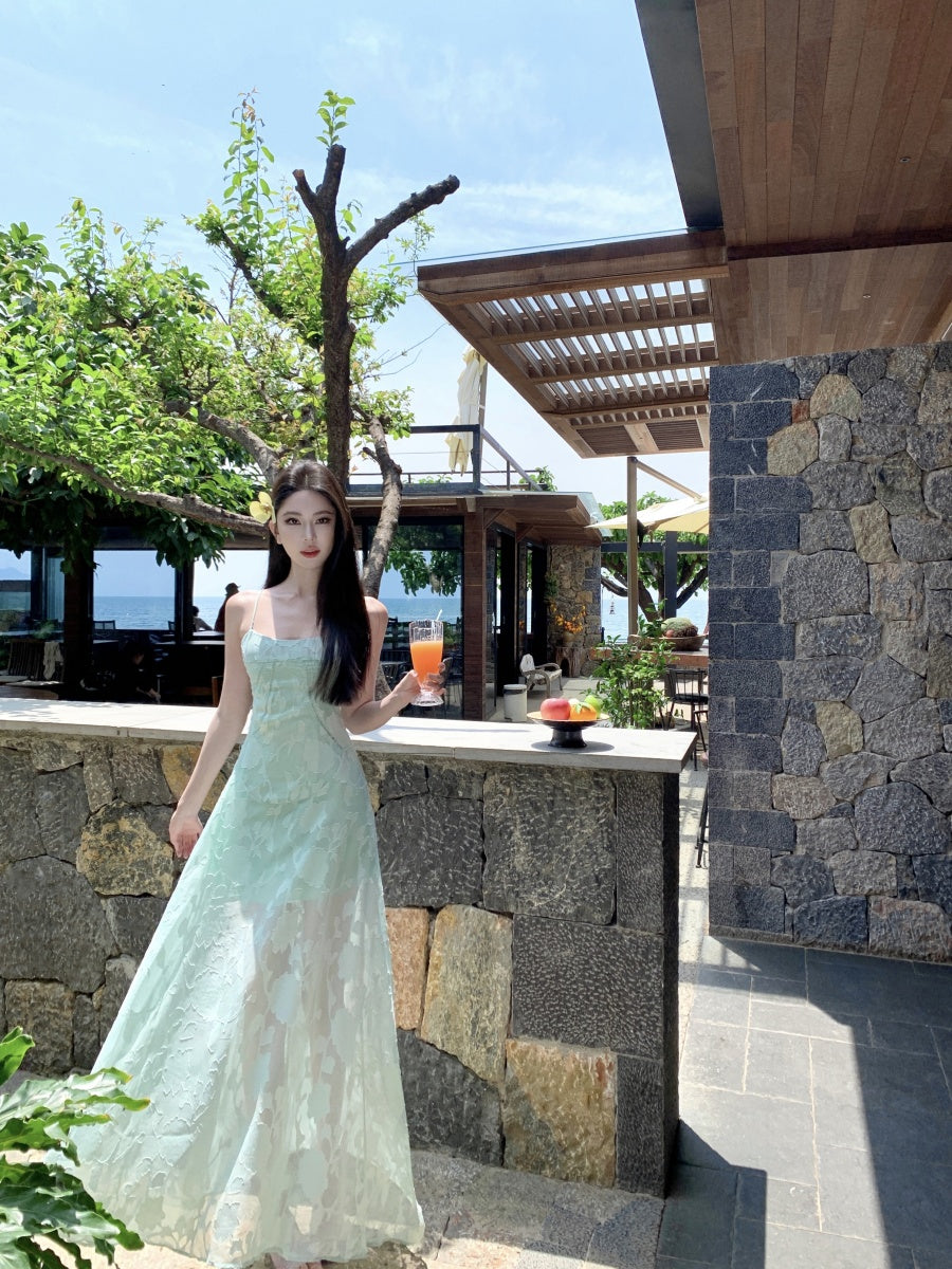 Splendid Spaghetti Strap A-Line Maxi Dress With Lining Enticing Jacquard Cinched-Waist Long Dress AP3397