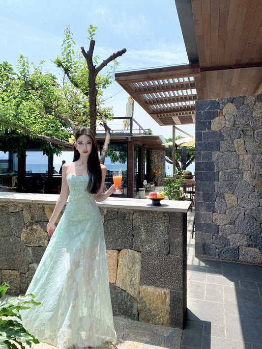 Splendid Spaghetti Strap A-Line Maxi Dress With Lining Enticing Jacquard Cinched-Waist Long Dress AP3397