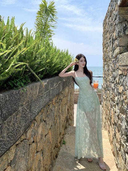 Splendid Spaghetti Strap A-Line Maxi Dress With Lining Enticing Jacquard Cinched-Waist Long Dress AP3397