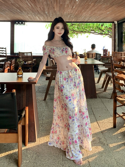 Glorious Two-Piece Set A-Line Off-Shoulder Maxi Dresses Splendid Floral Print Open Waist Long Dress AP3398